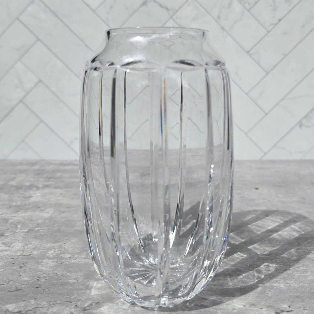 Atlantis Signed Crystal Vase Portuguese Lead Glass Vertical Cut Starburst Base
